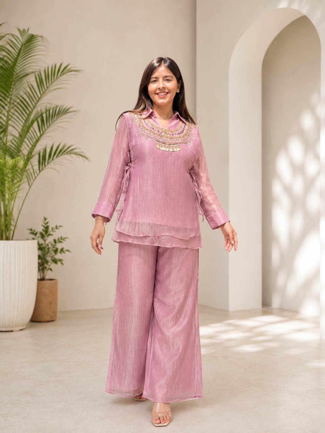 Very Beautiful Mauve Salsa Crushed Festive Co-Ord Set
