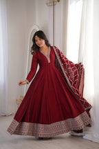 Women's Deep Maroon Flared Anarkali Kurta with Zari Lattice Dupatta Set