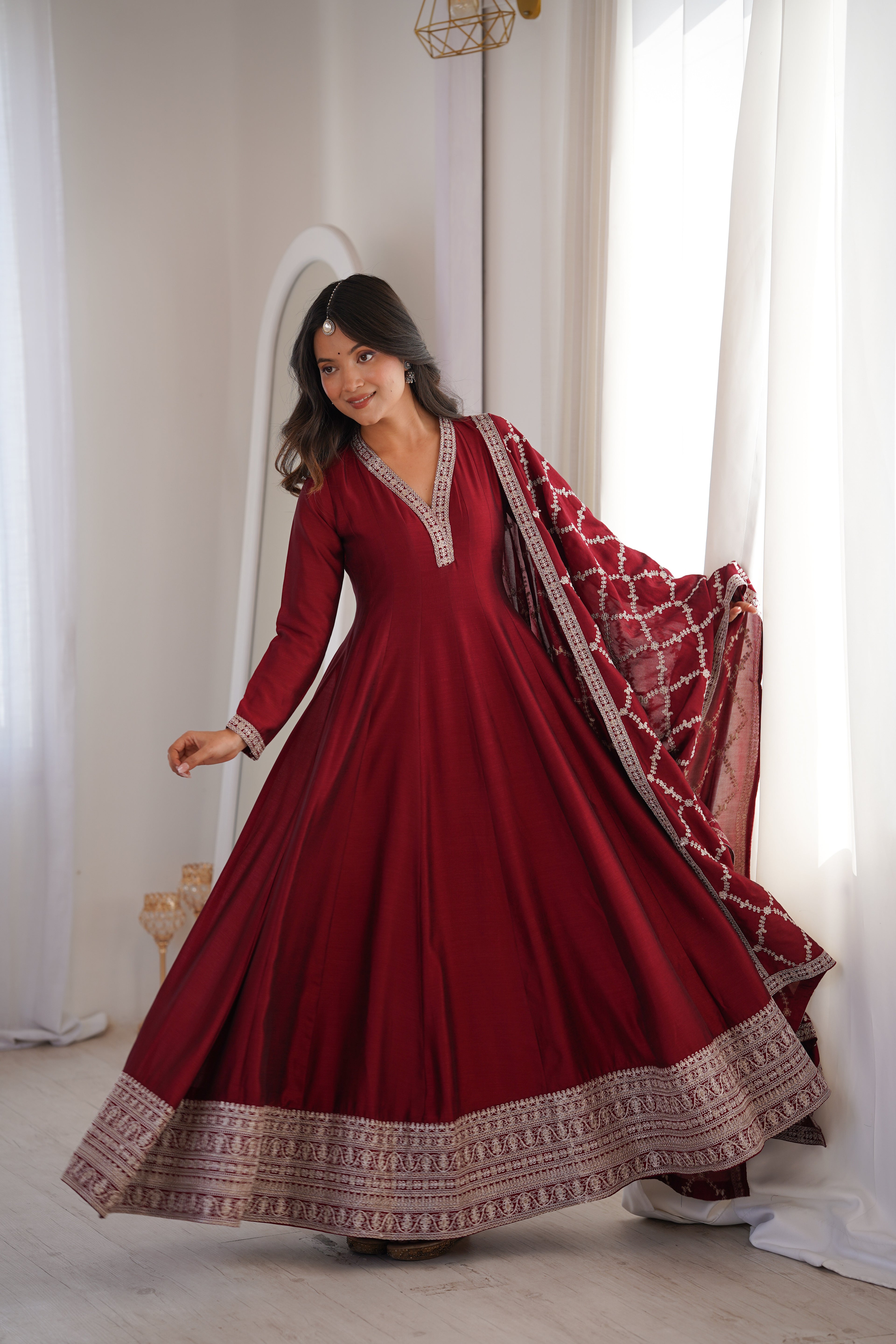 Women's Deep Maroon Flared Anarkali Kurta with Zari Lattice Dupatta Set