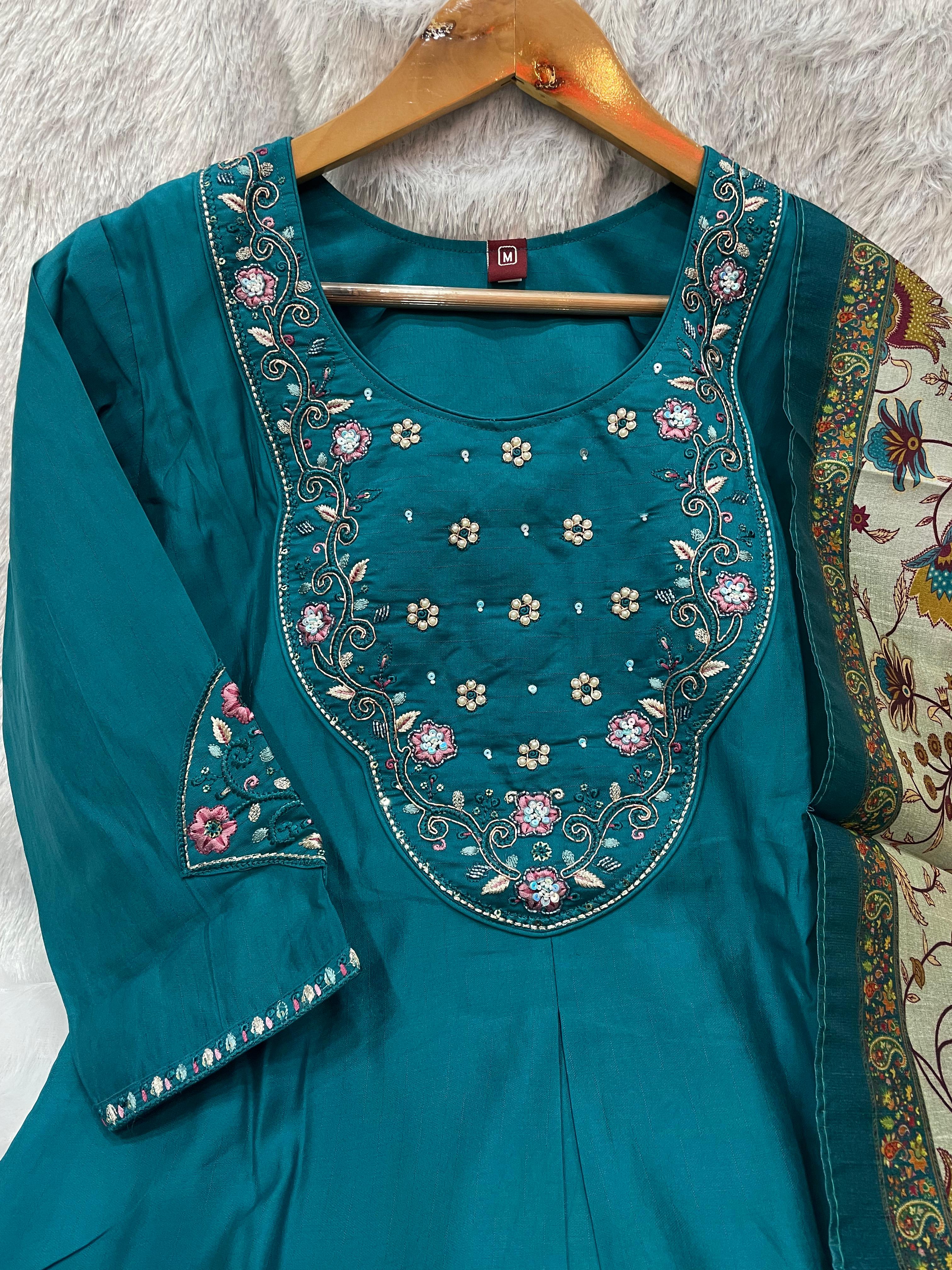 Elegant Rama Premium Marina Silk Embroidered Kurti Pant Dupatta Set