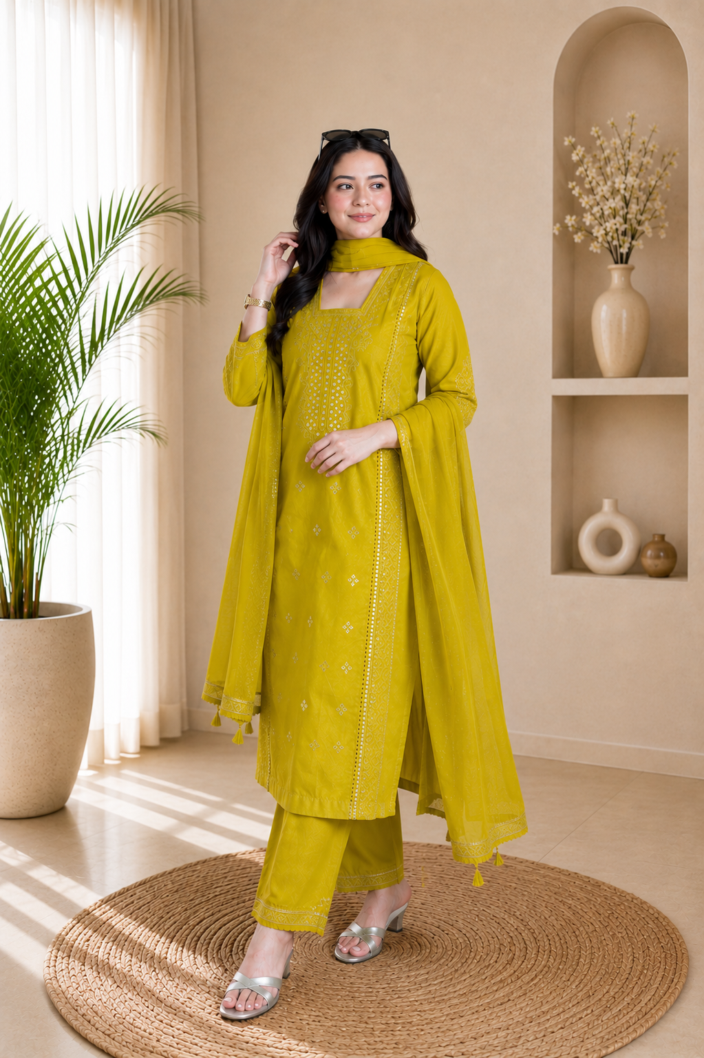 Festive Trendy Yallow Roman Silk Embroidered Suit Set