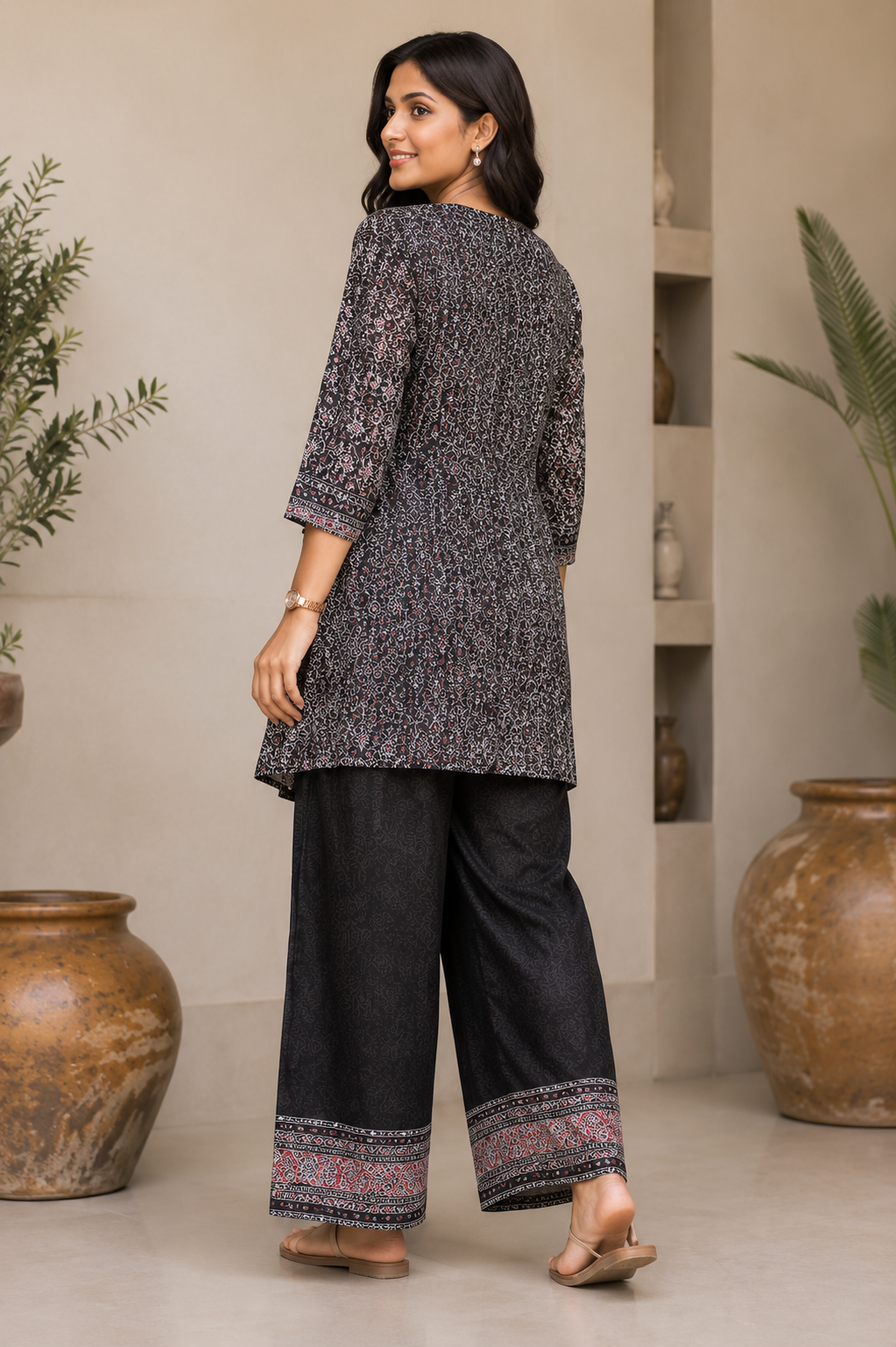 Woman's Ethnic Black Printed Natural Crepe Co-Ord Set