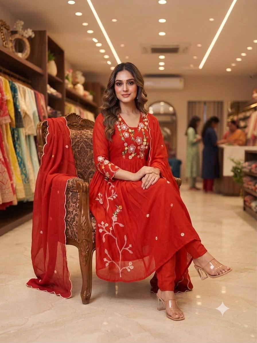 Trendy Festive Embroidery Mul Chanderi Anarkali Suit Set