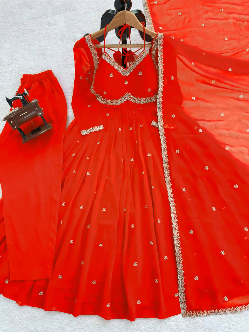 Neha Elegant Rust Orange Faux Georgette Anarkali Suit Set