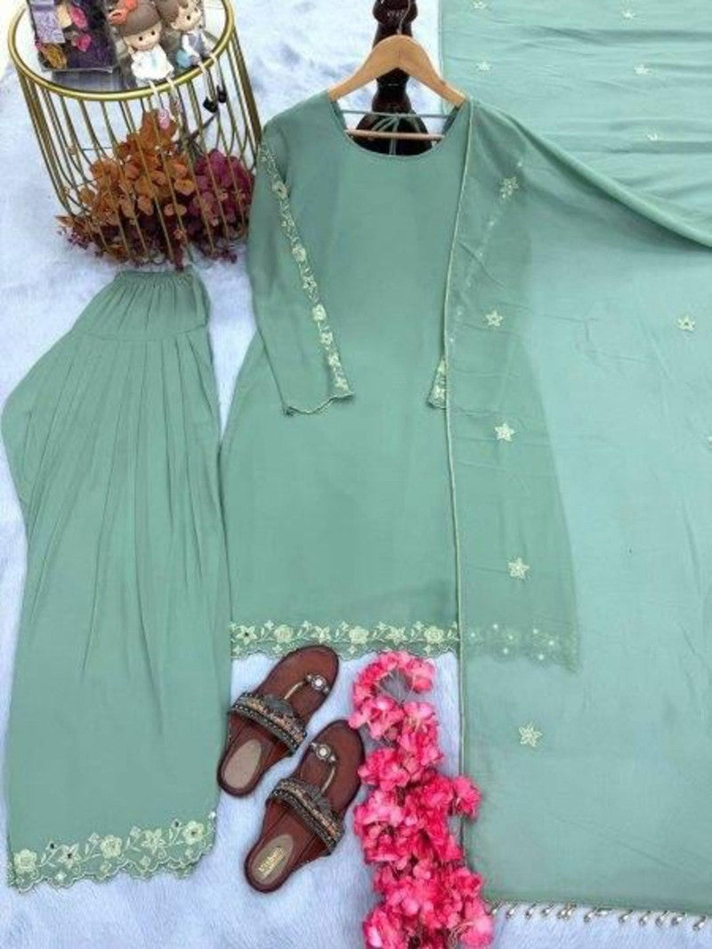 Attractive Mint Green Faux Georgette Embroidered Suit Set with Dupatta