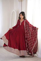 Women's Deep Maroon Flared Anarkali Kurta with Zari Lattice Dupatta Set