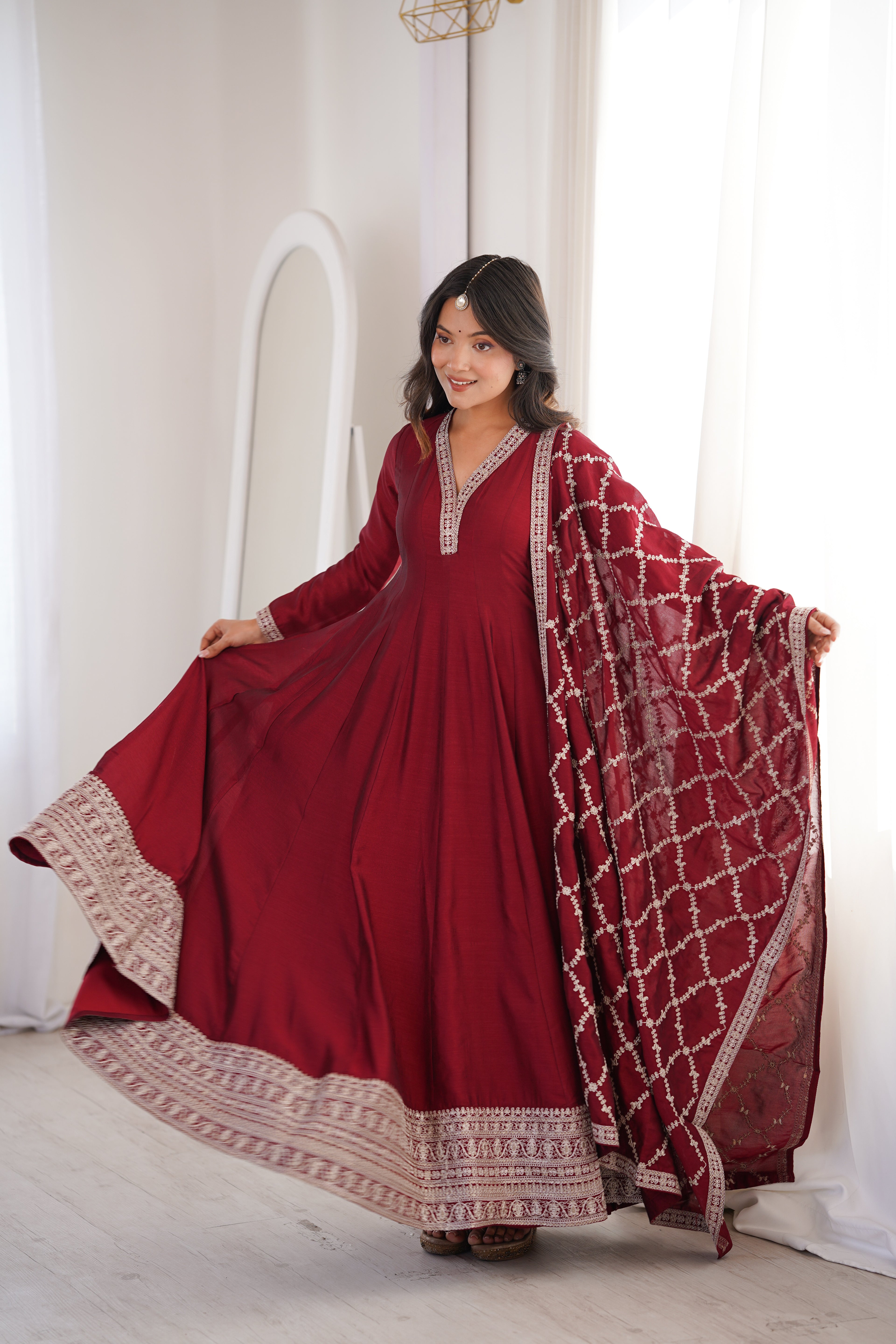 Women's Deep Maroon Flared Anarkali Kurta with Zari Lattice Dupatta Set