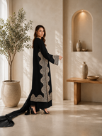 Elegant Midnight Black Biscuit Slub Threadwork Kurta Set With Dupatta
