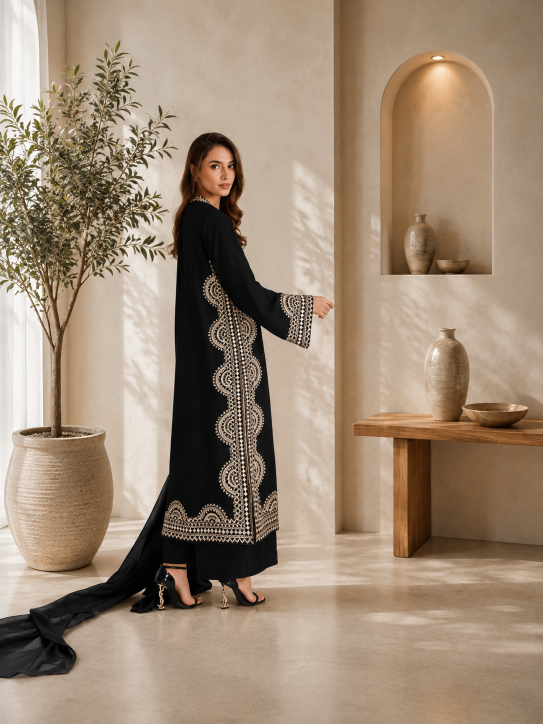 Elegant Midnight Black Biscuit Slub Threadwork Kurta Set With Dupatta