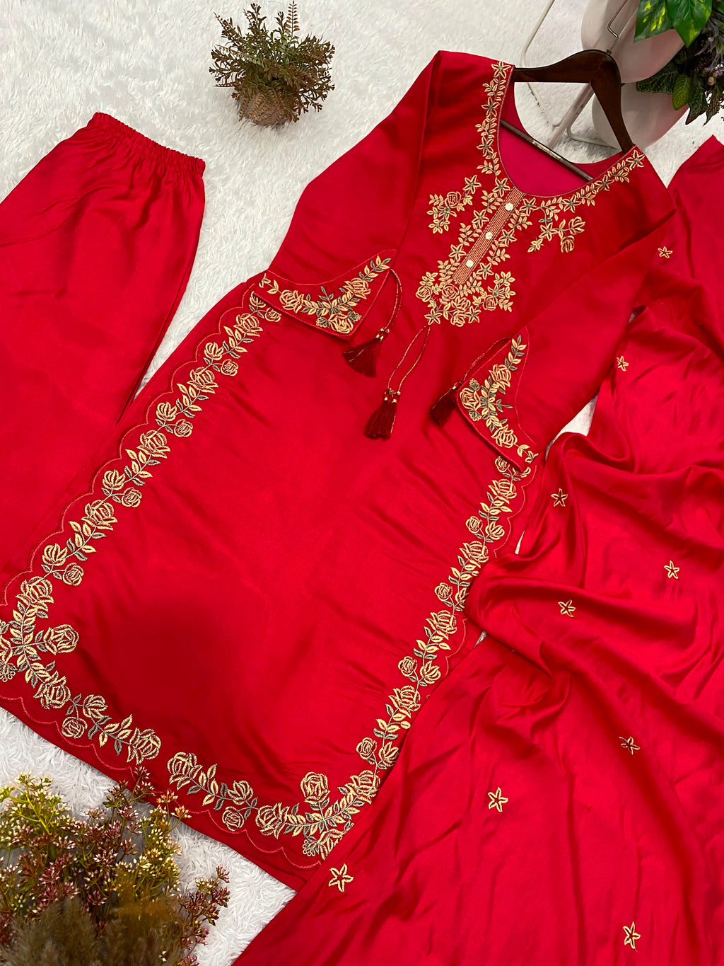 Elegant Red Embroidered Roman Silk Suit Set with Dupatta
