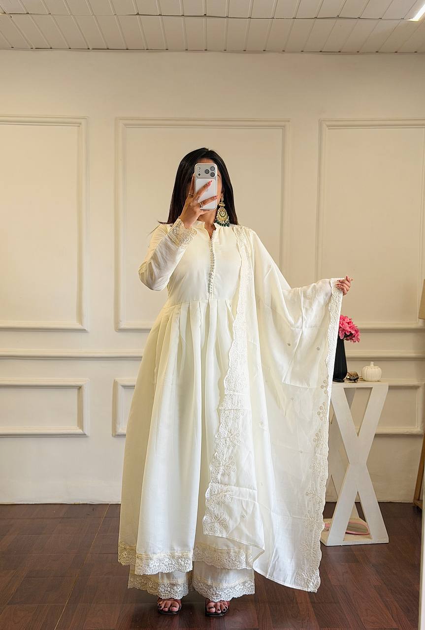 Elegant Premium Look White Anarkali Suit Set with Dupatta