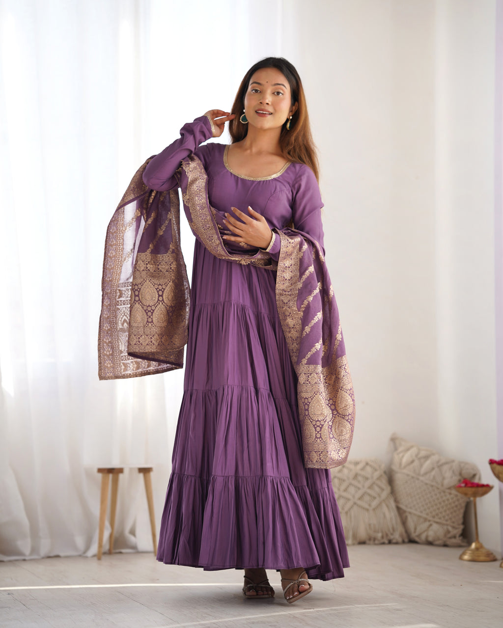 Designer Roman Silk Flared Suit Set with Traditional Jacquard Dupatta