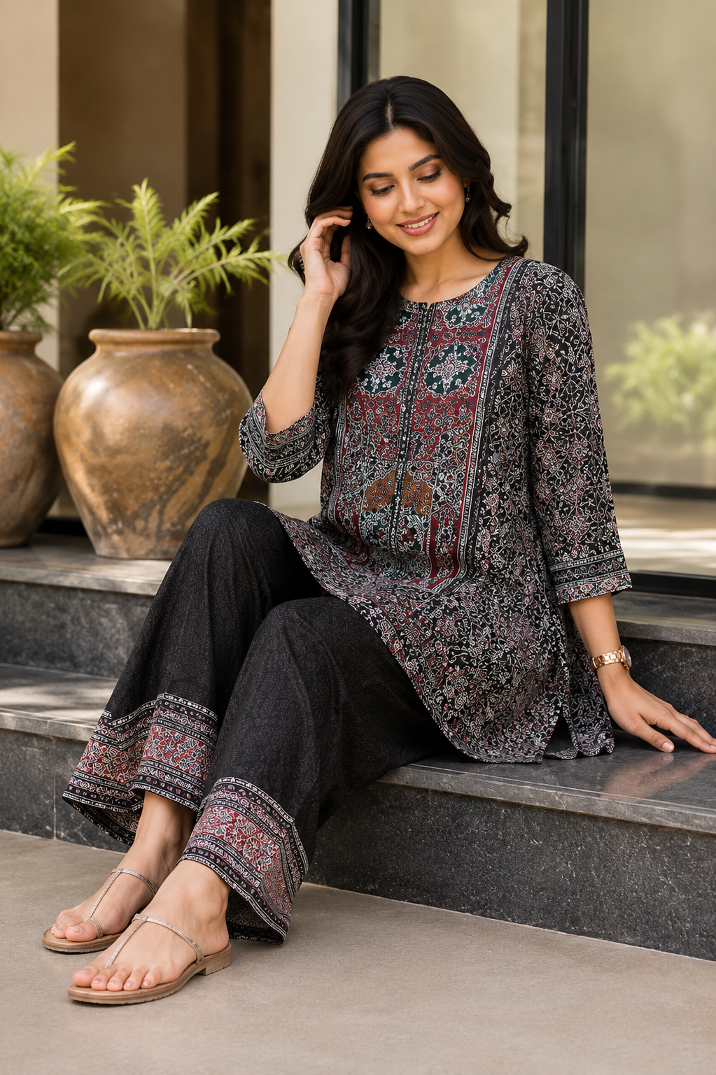 Woman's Ethnic Black Printed Natural Crepe Co-Ord Set