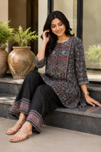 Woman's Ethnic Black Printed Natural Crepe Co-Ord Set