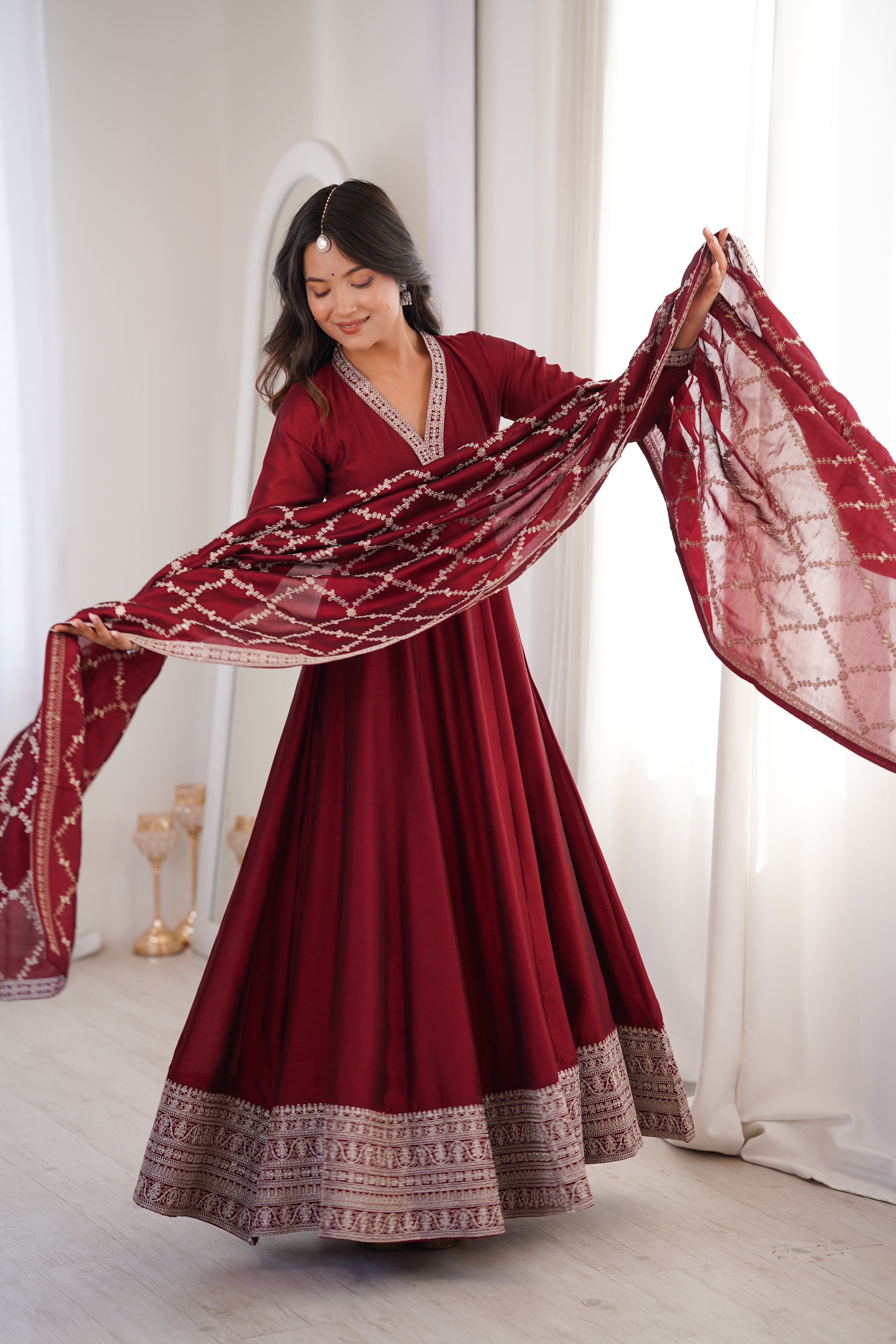 Women's Deep Maroon Flared Anarkali Kurta with Zari Lattice Dupatta Set