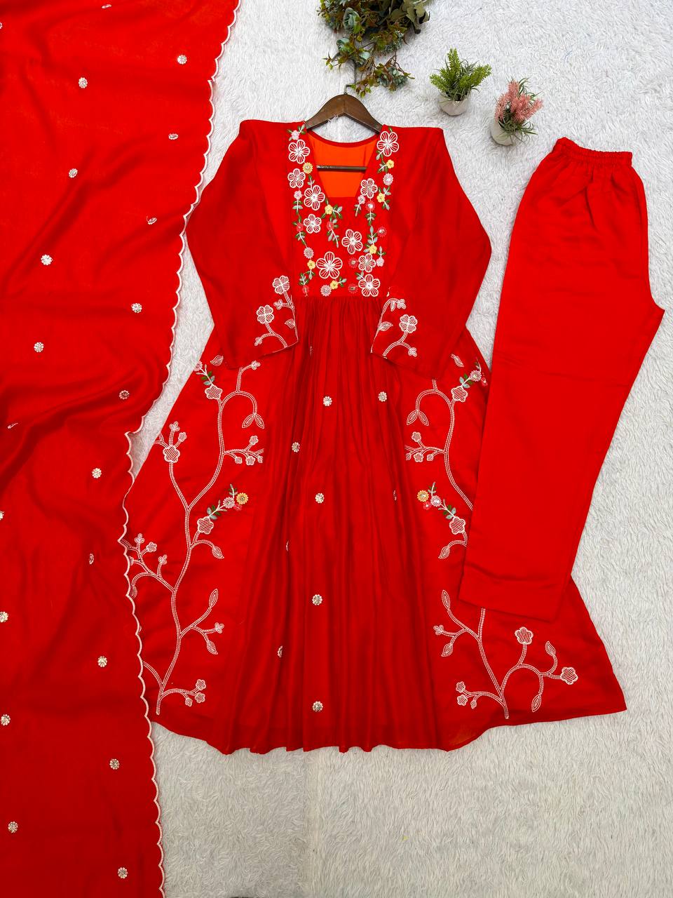 Trendy Festive Embroidery Mul Chanderi Anarkali Suit Set