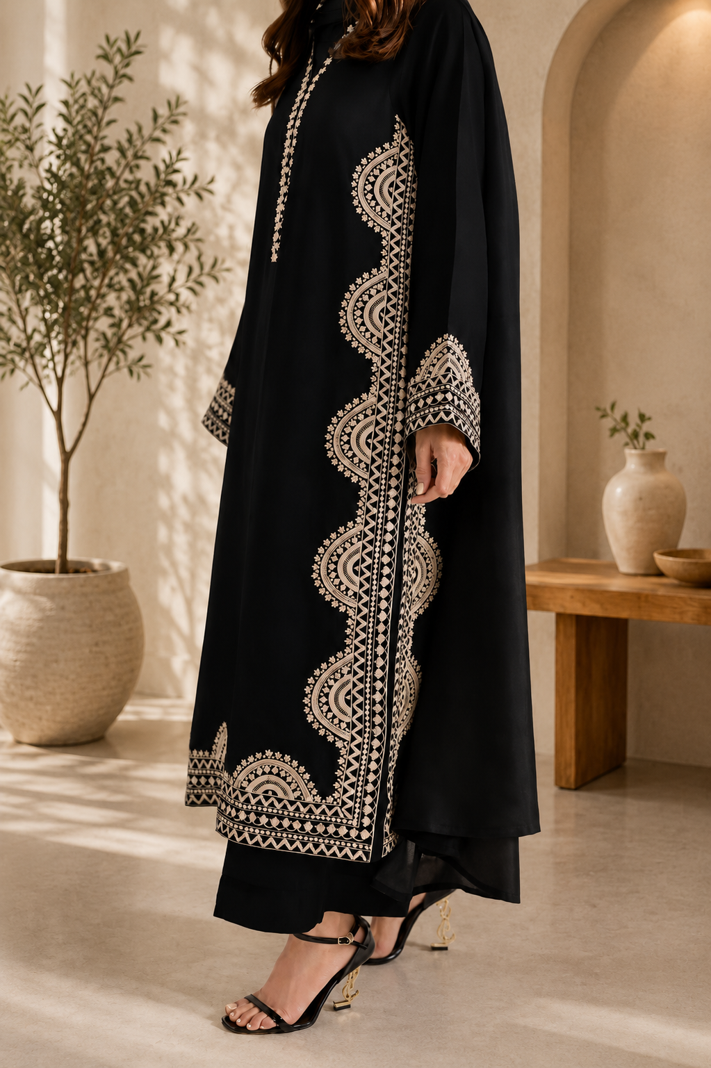 Elegant Midnight Black Biscuit Slub Threadwork Kurta Set With Dupatta