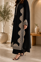 Elegant Midnight Black Biscuit Slub Threadwork Kurta Set With Dupatta
