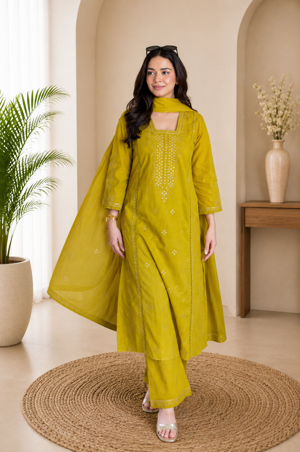 Festive Trendy Yallow Roman Silk Embroidered Suit Set
