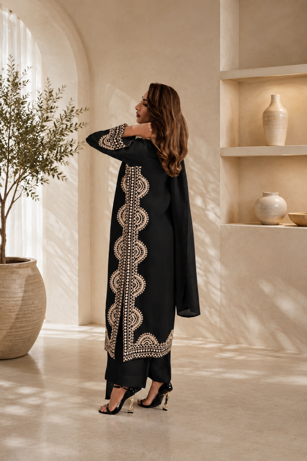 Elegant Midnight Black Biscuit Slub Threadwork Kurta Set With Dupatta