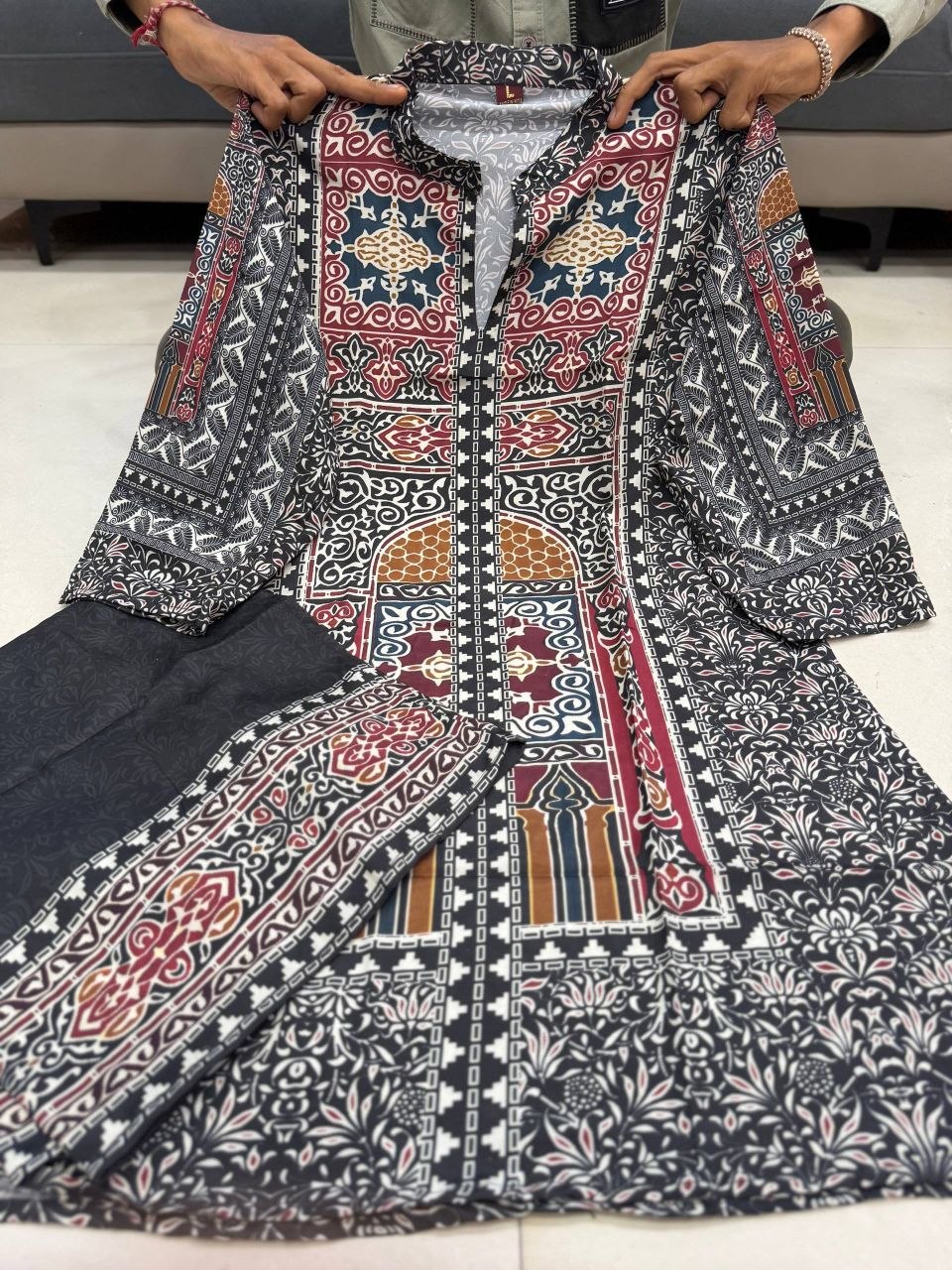 Woman's Ethnic Black Printed Natural Crepe Co-Ord Set