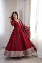 Women's Deep Maroon Flared Anarkali Kurta with Zari Lattice Dupatta Set
