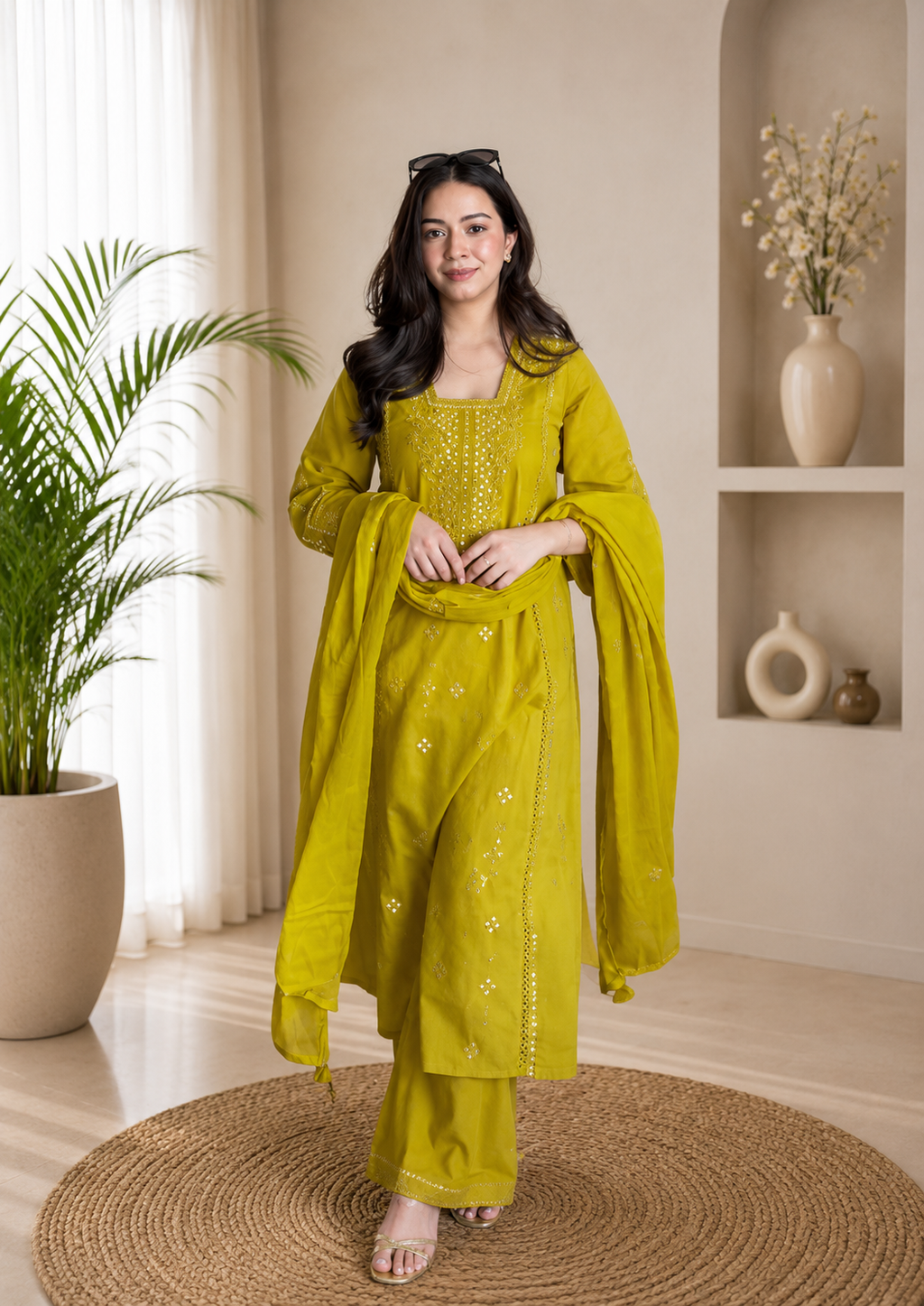 Festive Trendy Yallow Roman Silk Embroidered Suit Set
