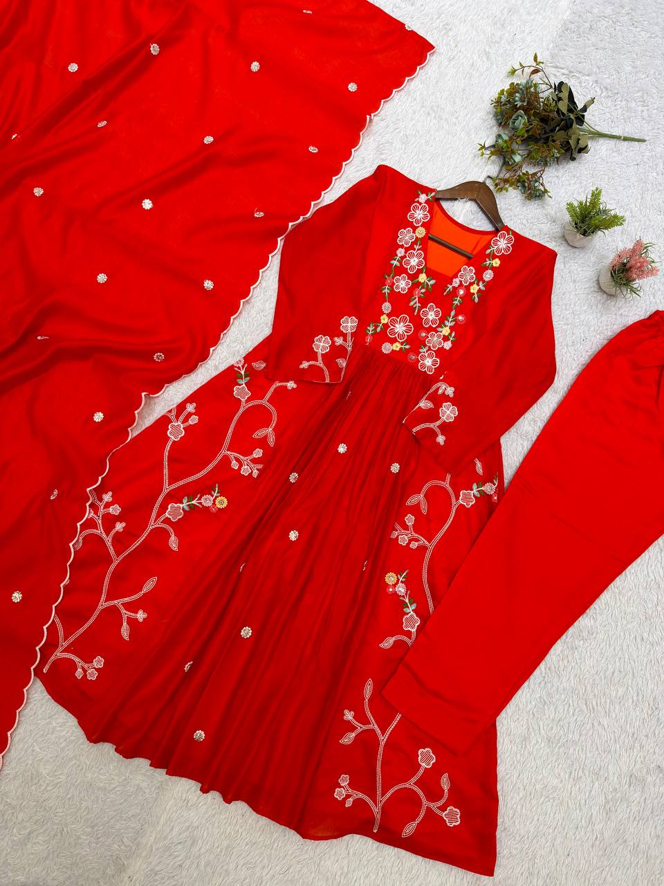 Trendy Festive Embroidery Mul Chanderi Anarkali Suit Set
