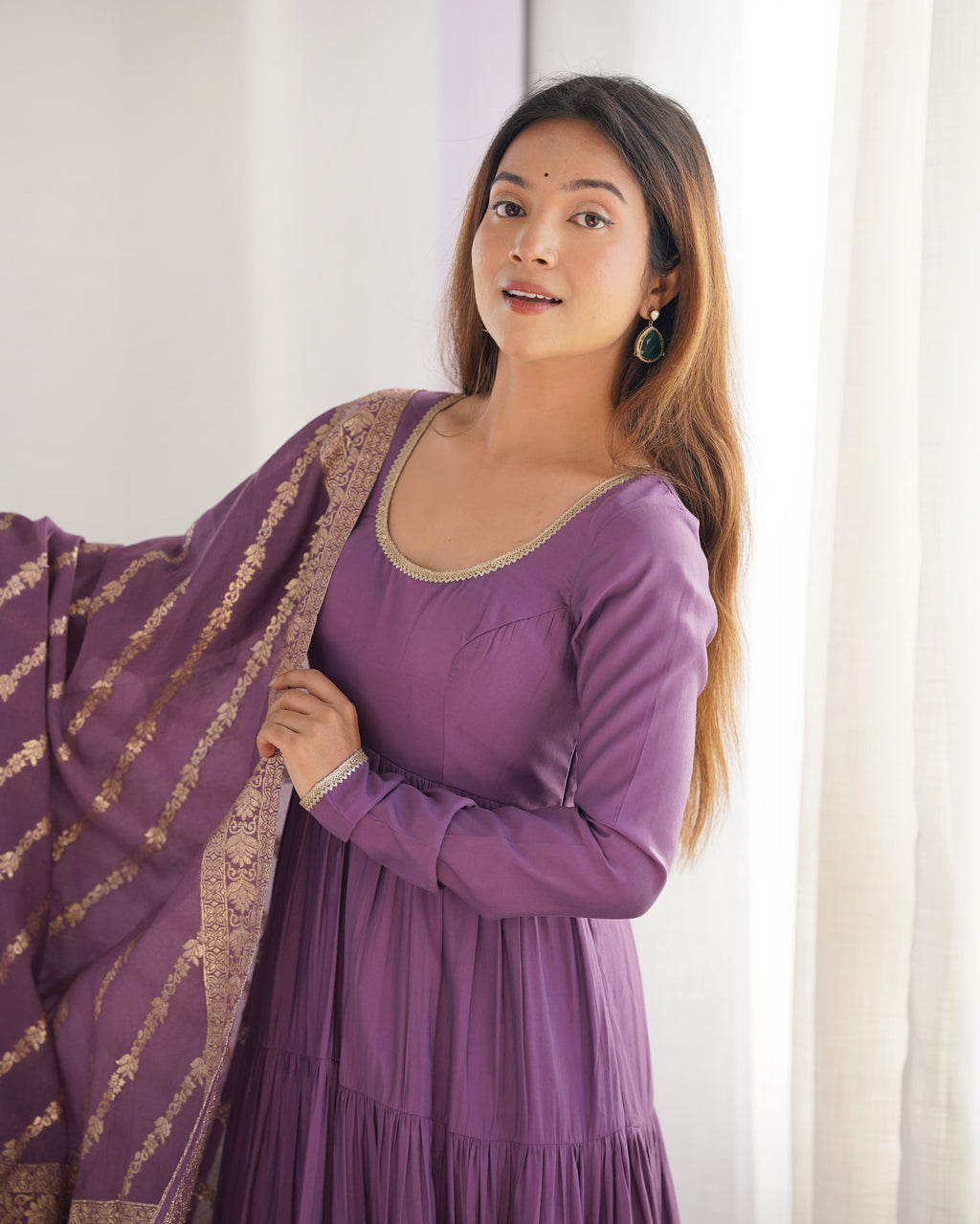 Designer Roman Silk Flared Suit Set with Traditional Jacquard Dupatta