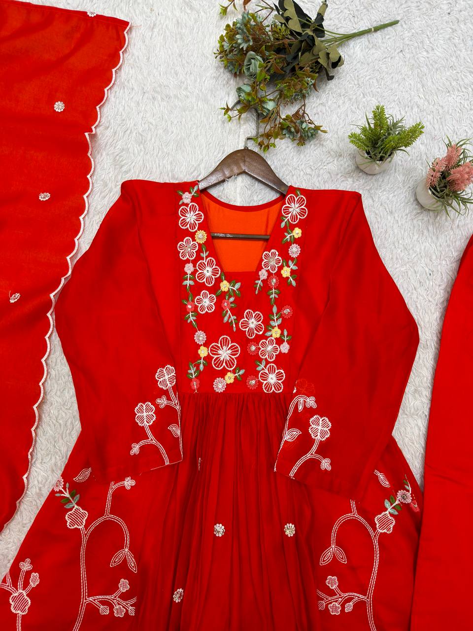 Trendy Festive Embroidery Mul Chanderi Anarkali Suit Set