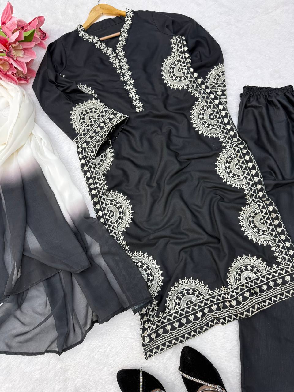 Elegant Midnight Black Biscuit Slub Threadwork Kurta Set With Dupatta