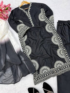 Elegant Midnight Black Biscuit Slub Threadwork Kurta Set With Dupatta