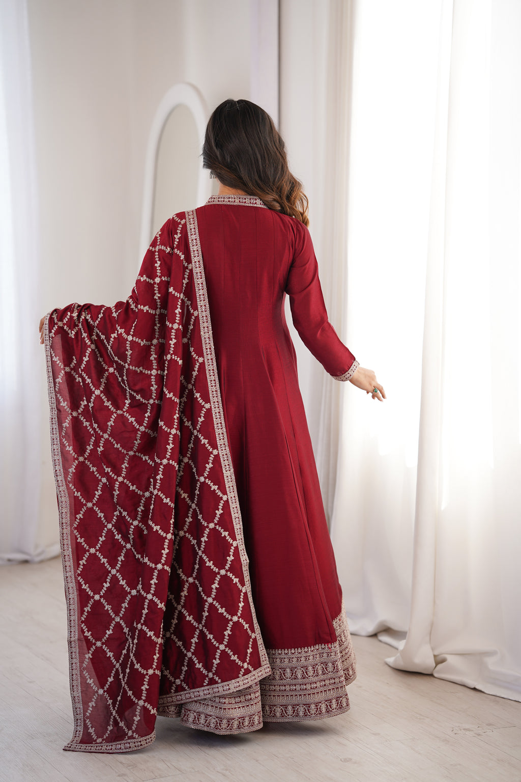 Women's Deep Maroon Flared Anarkali Kurta with Zari Lattice Dupatta Set