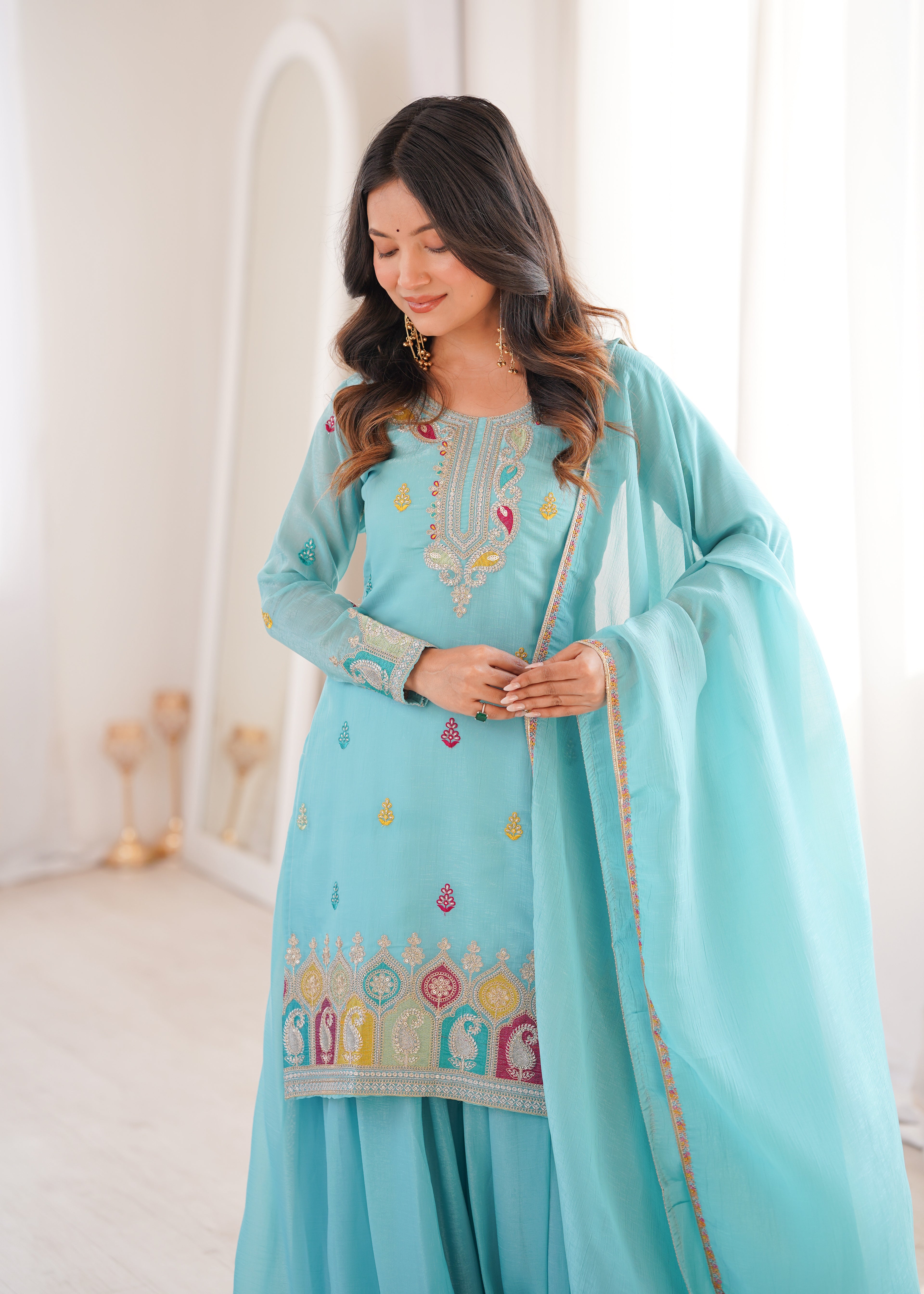 Very Attractive Crunchy Silk Straight Kurta Palazzo Set with Dupatta