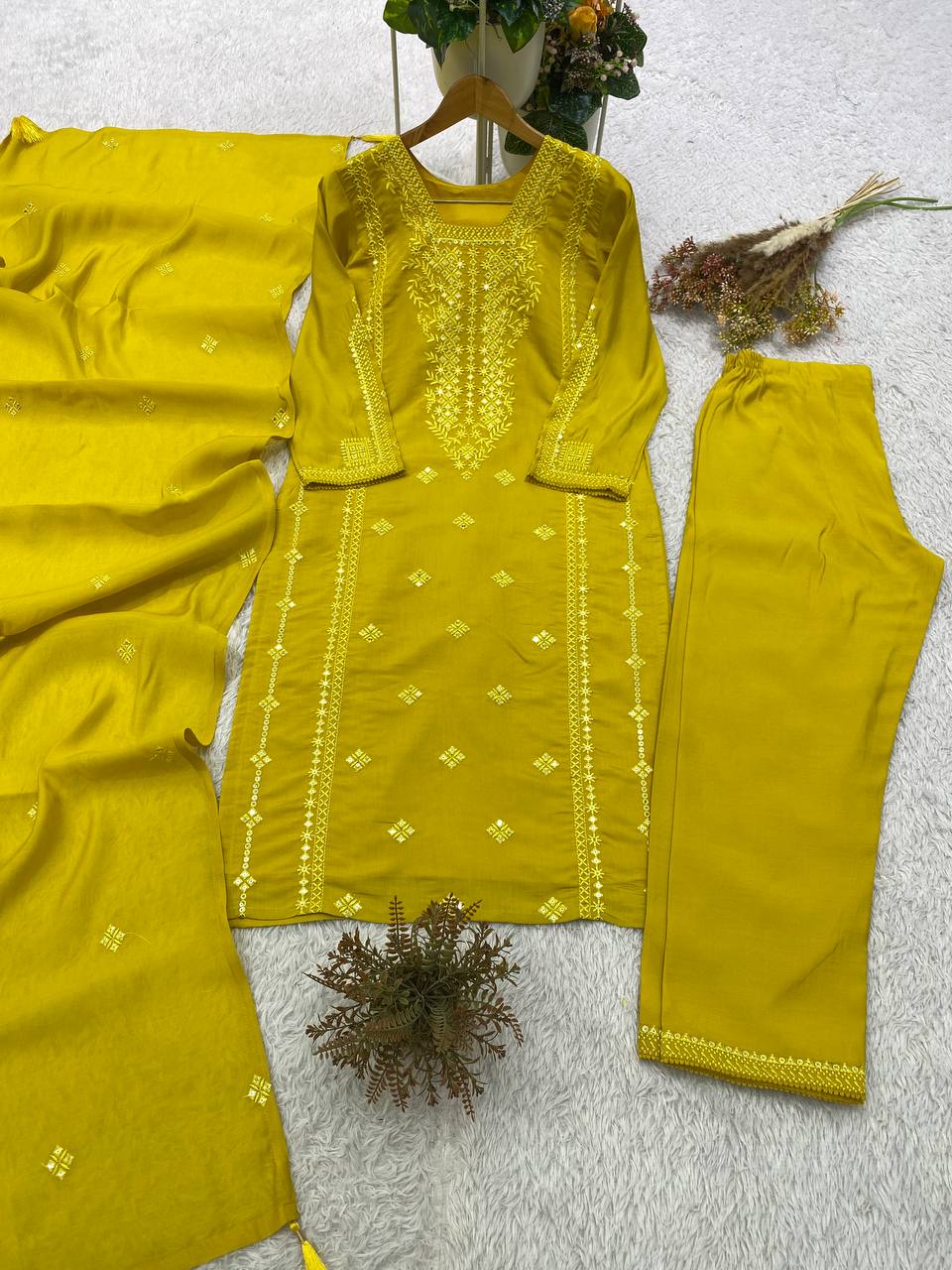 Festive Trendy Yallow Roman Silk Embroidered Suit Set