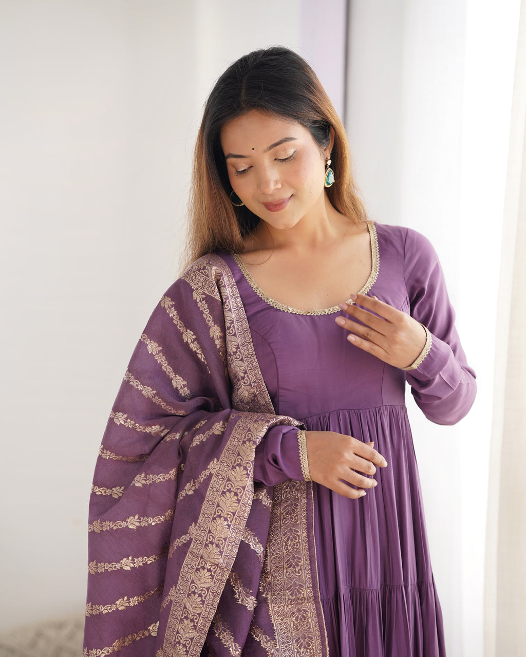 Designer Roman Silk Flared Suit Set with Traditional Jacquard Dupatta