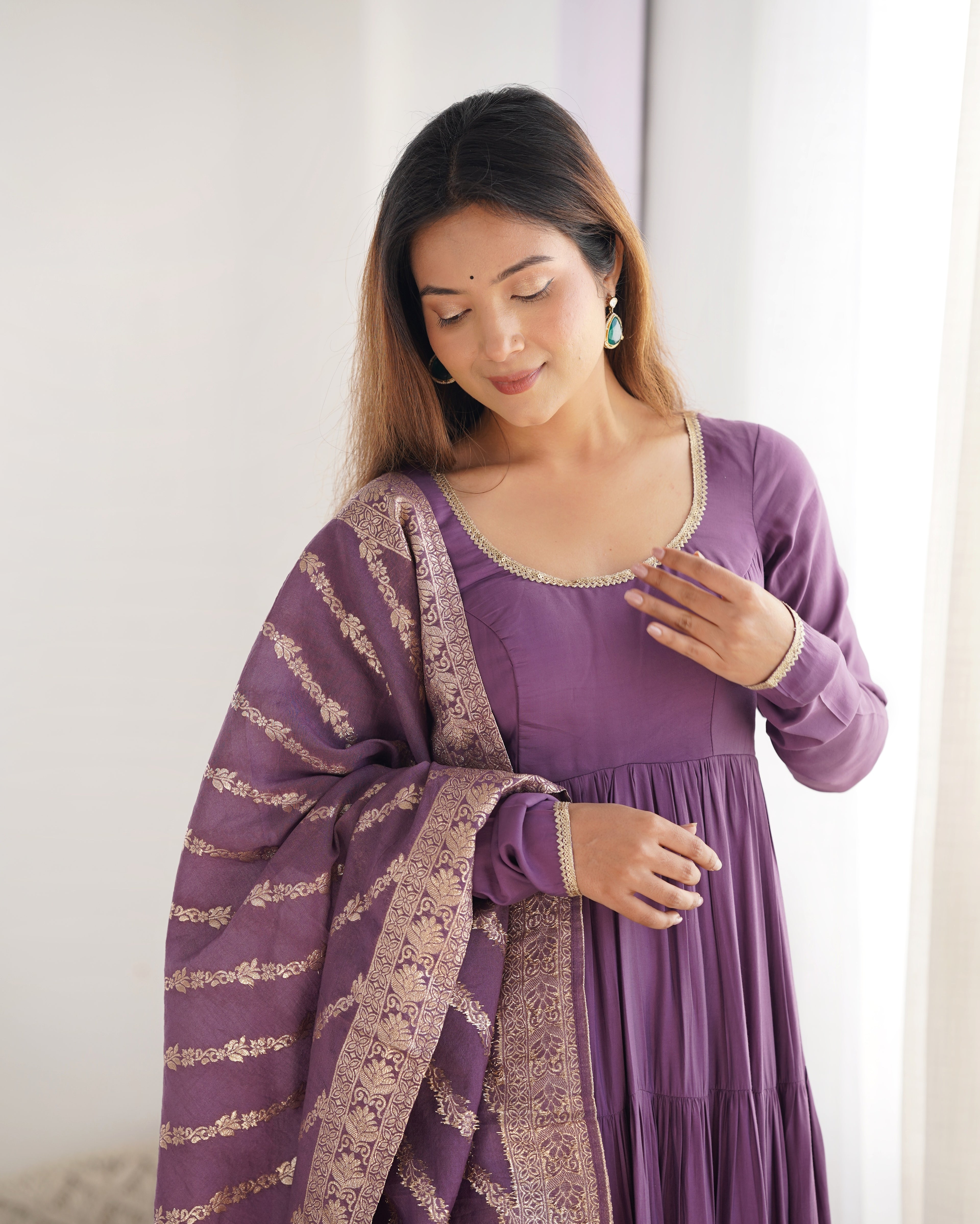 Designer Roman Silk Flared Suit Set with Traditional Jacquard Dupatta
