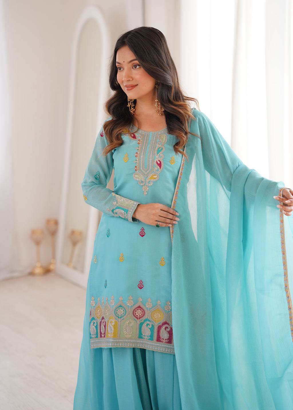 Very Attractive Crunchy Silk Straight Kurta Palazzo Set with Dupatta
