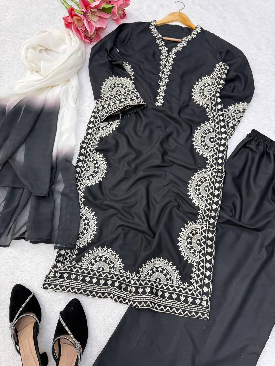 Elegant Midnight Black Biscuit Slub Threadwork Kurta Set With Dupatta