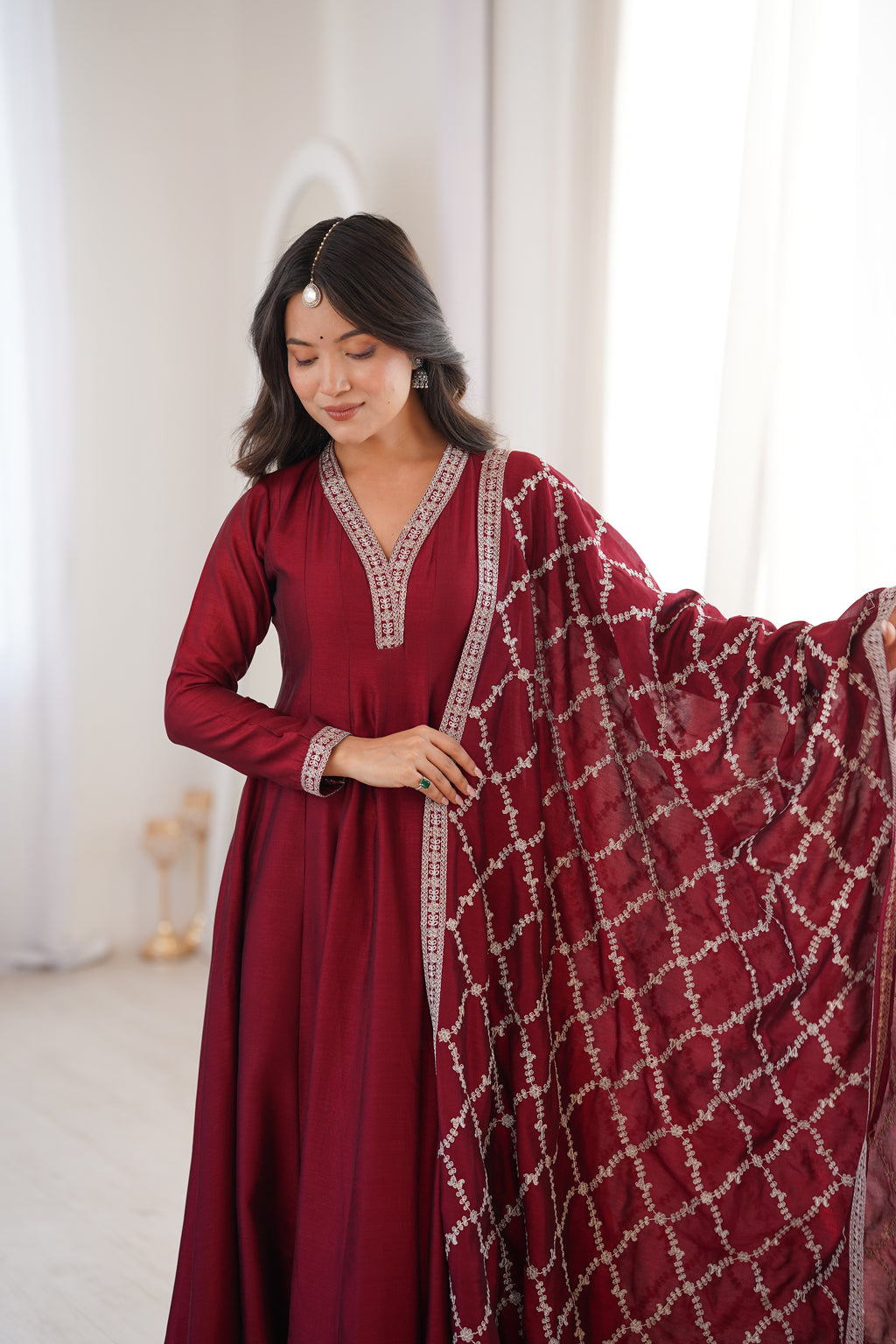 Women's Deep Maroon Flared Anarkali Kurta with Zari Lattice Dupatta Set