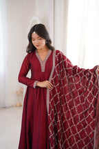 Women's Deep Maroon Flared Anarkali Kurta with Zari Lattice Dupatta Set