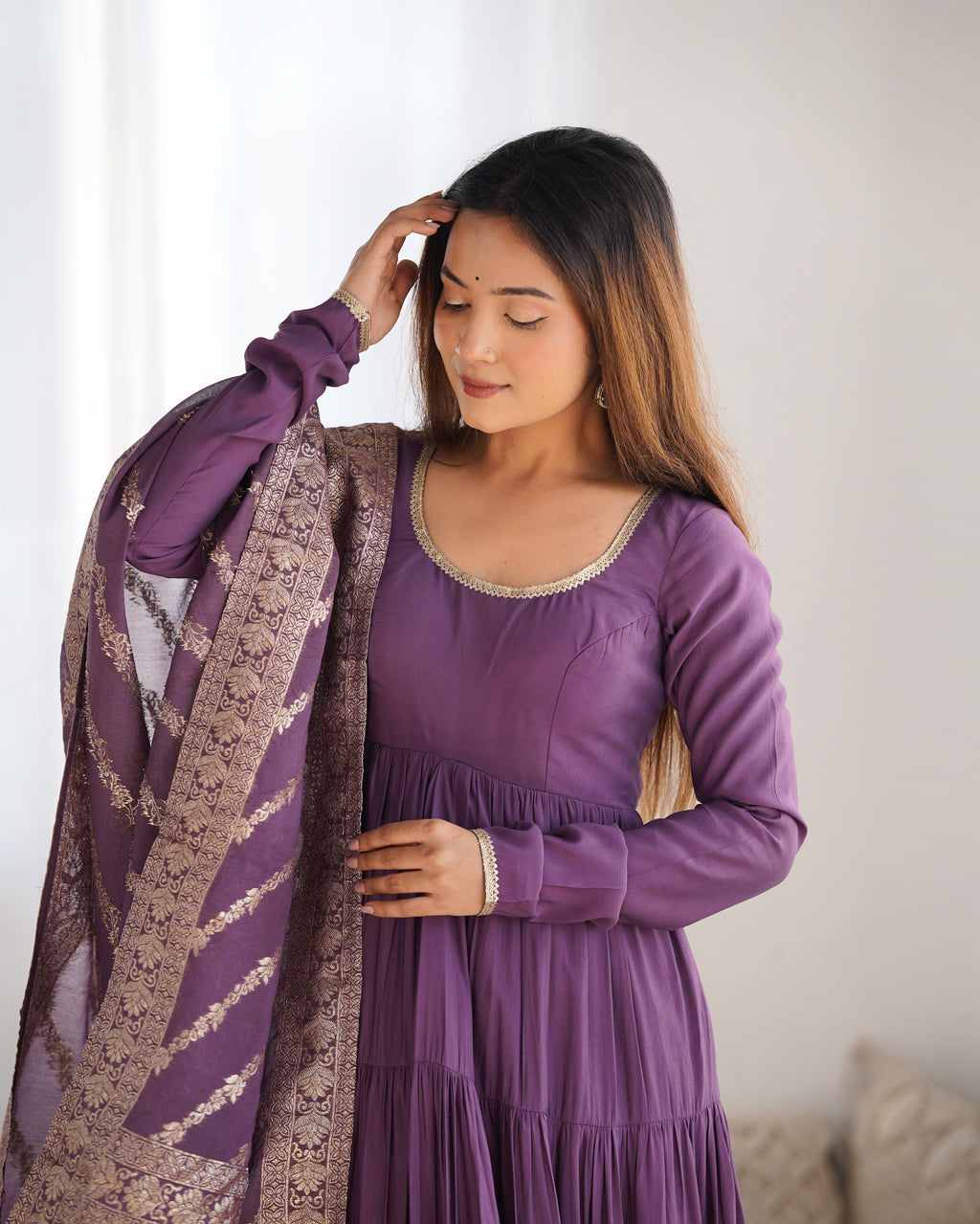 Designer Roman Silk Flared Suit Set with Traditional Jacquard Dupatta