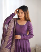Designer Roman Silk Flared Suit Set with Traditional Jacquard Dupatta