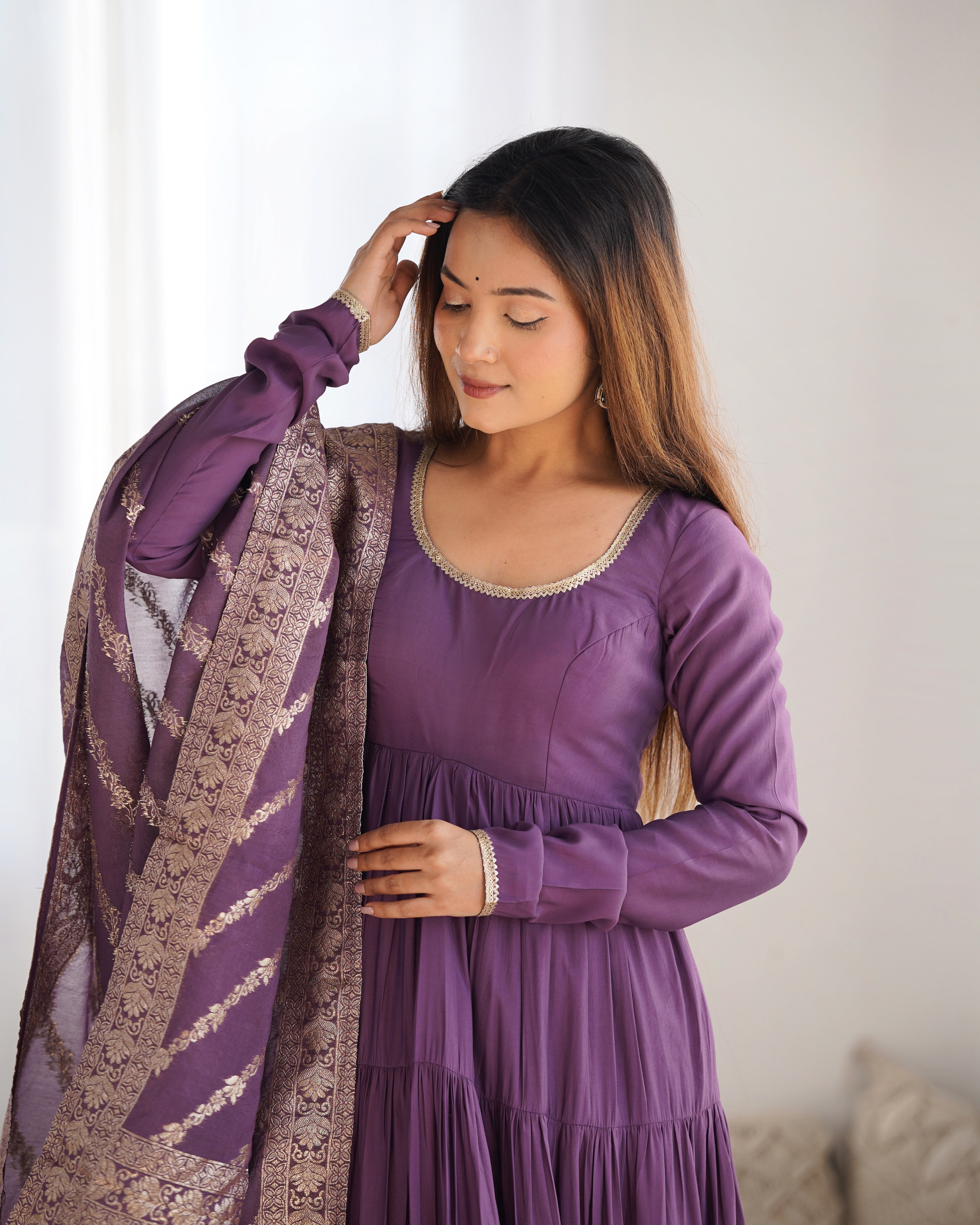 Designer Roman Silk Flared Suit Set with Traditional Jacquard Dupatta
