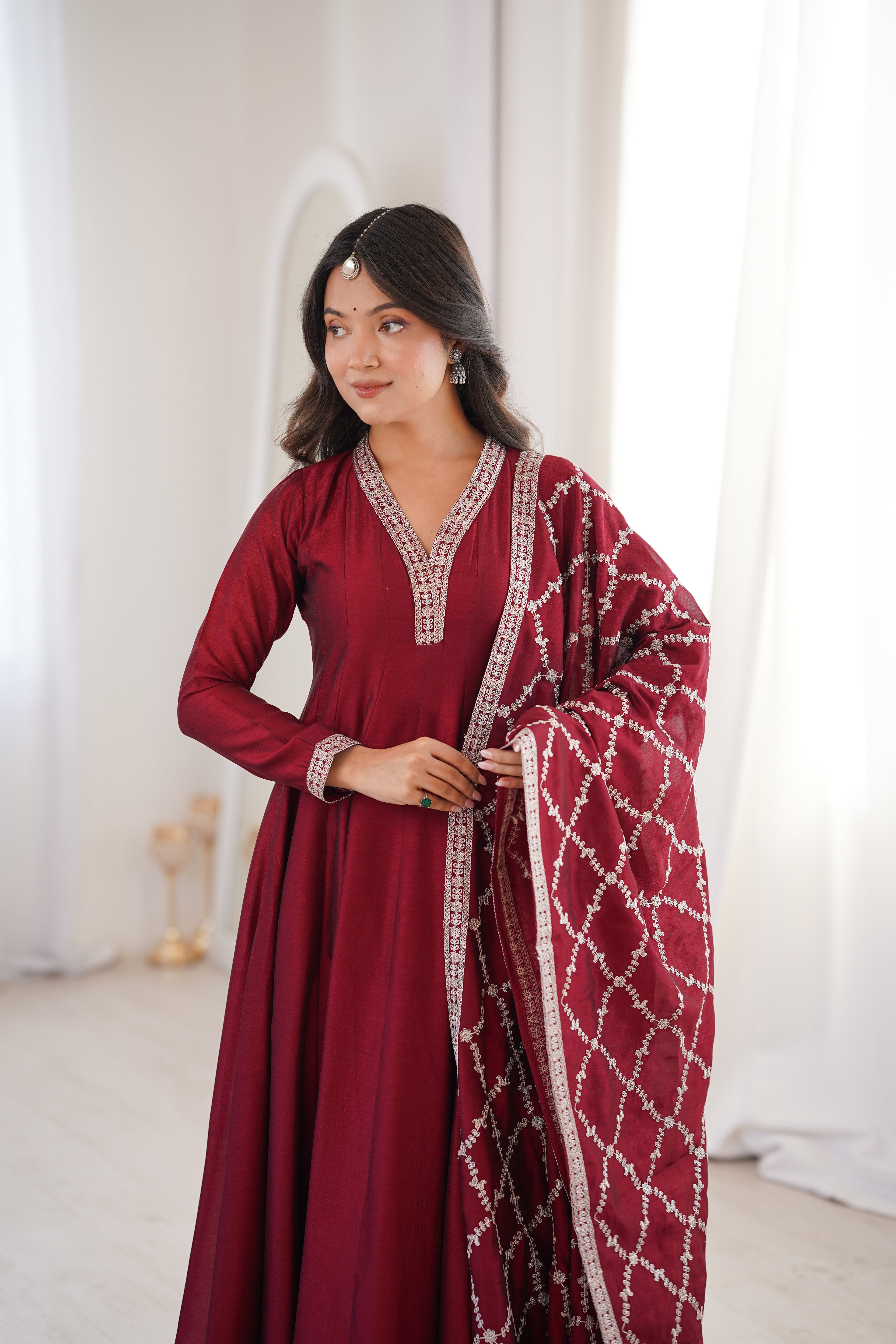 Women's Deep Maroon Flared Anarkali Kurta with Zari Lattice Dupatta Set