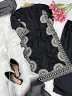 Elegant Midnight Black Biscuit Slub Threadwork Kurta Set With Dupatta