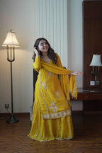 Designer Mustard Yellow Embroidered Fox Georgette Suit Set