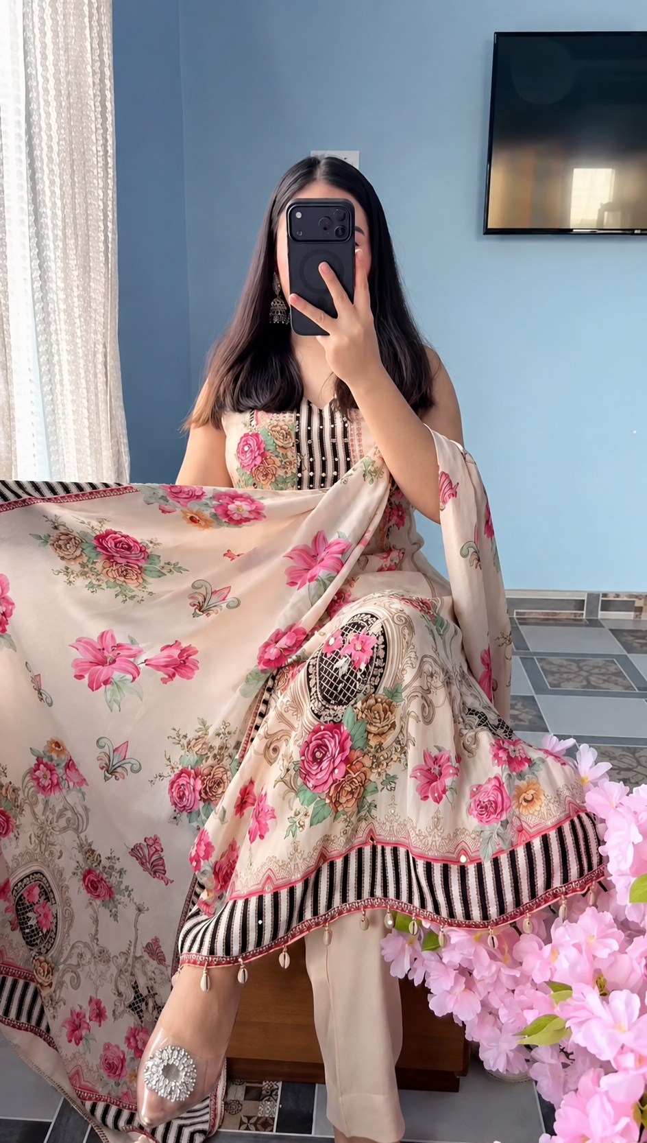 Elegant Floral Printed Muslin Suit Set with Dupatta