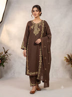 Elegant Brown Embroidered Roman Silk Suit Set with Dupatta