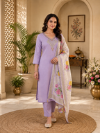 Elegant Lavender Premium Mul Chanderi Hand-Work Suit Set with Floral Dupatta